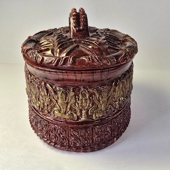 Vintage Ornate Resin Trinket Box w Lid Burgundy Baroque Style Oval Jewelry Box - Picture 5 of 16